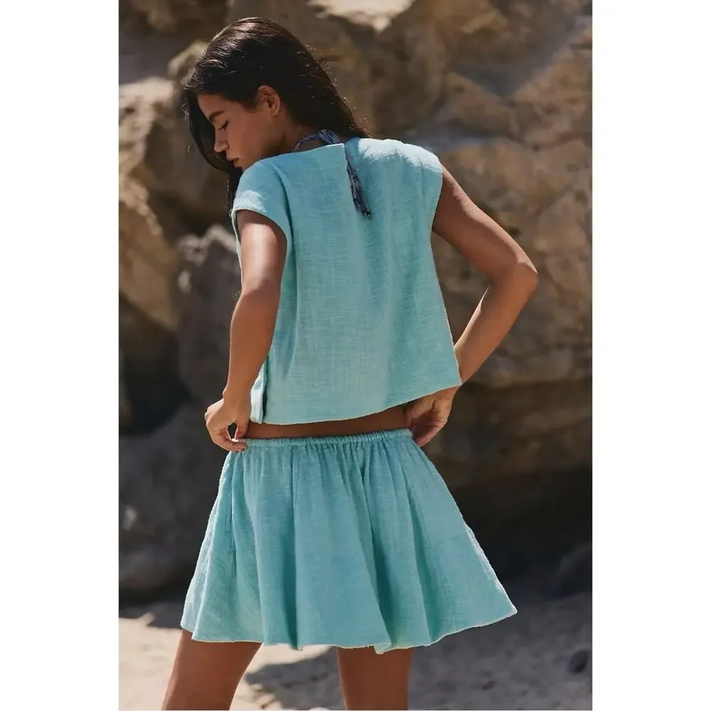 Free People Bohemian Beachy Skye Mini Skirt & Top Set Aqua Blue XS NWT